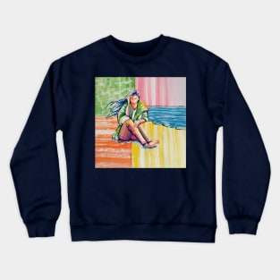 Girl on the beach, the soft breeze blows on her face Crewneck Sweatshirt